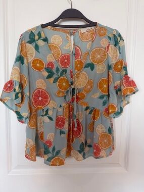 Women's Citrus Print Tie-Front Blouse - Sky Blue